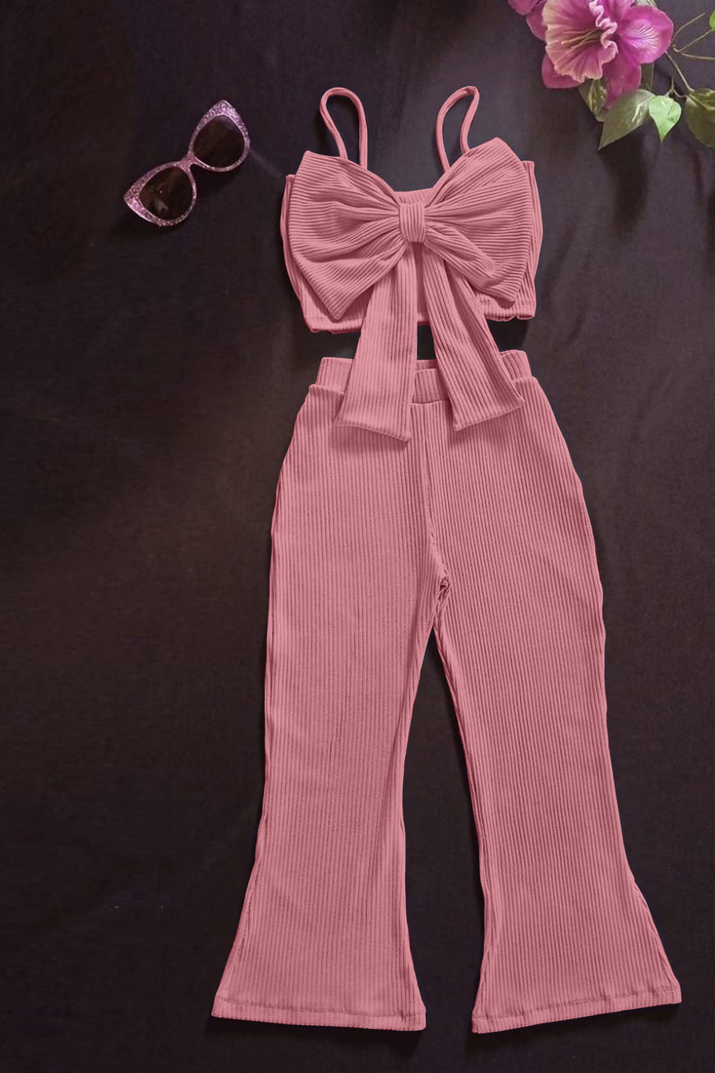 Rose Ribbed Bow-Top & Flared Pants Co-Ord Set(Tomatto)