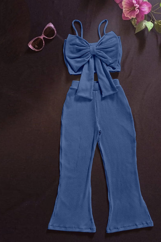 Rose Ribbed Bow-Top & Flared Pants Co-Ord Set(Royal Blue)