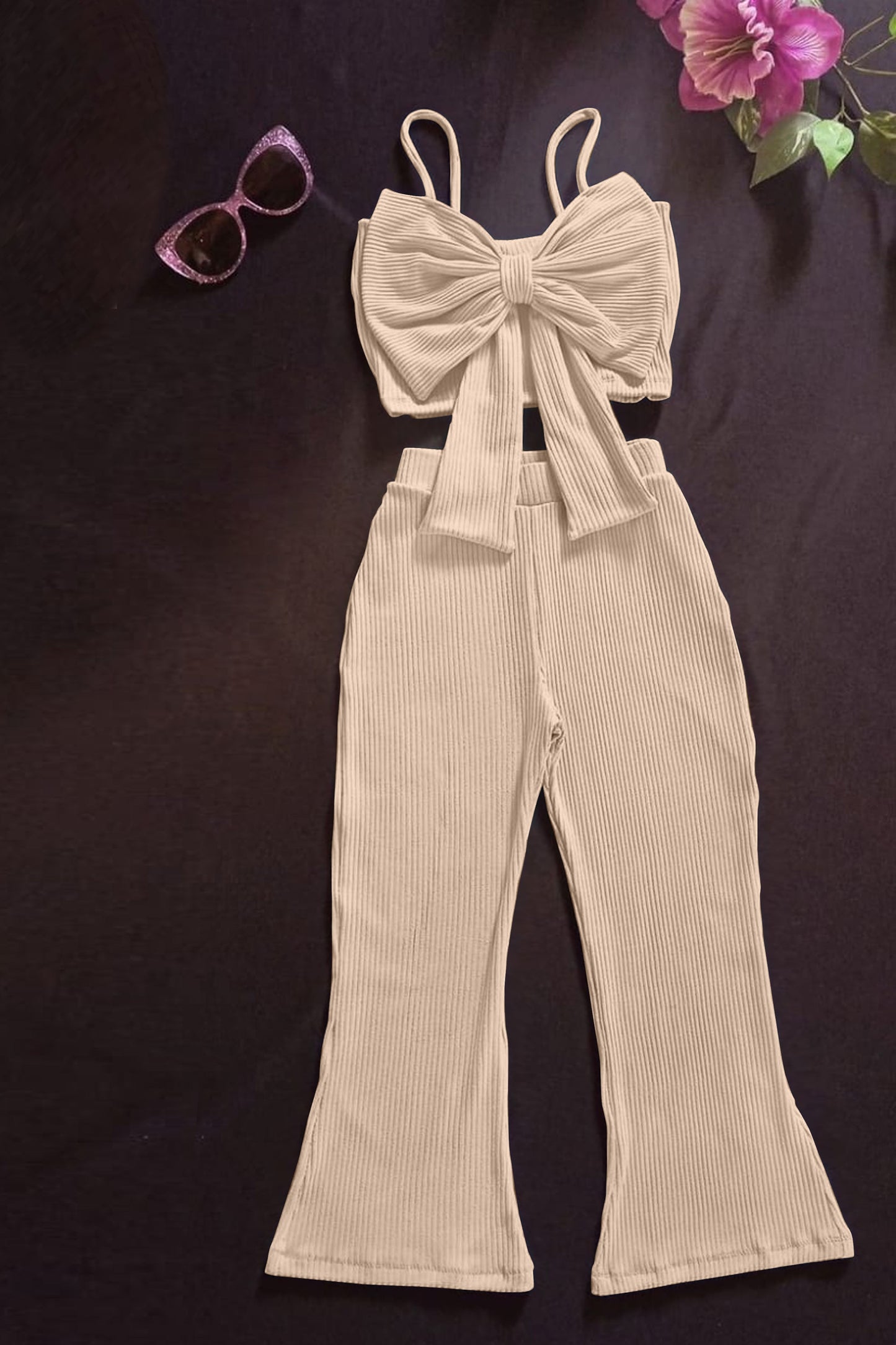 Rose Ribbed Bow-Top & Flared Pants Co-Ord Set(Khaki)