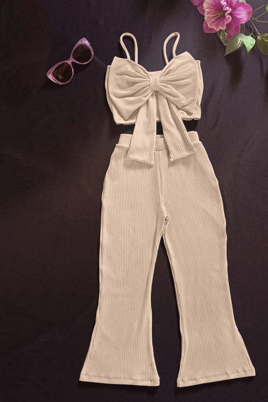 Rose Ribbed Bow-Top & Flared Pants Co-Ord Set(Khaki)